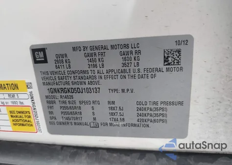 2013 Chevrolet Traverse 1Lt z USA, uszkodzony, nr VIN 1GNKRGKD5DJ103137